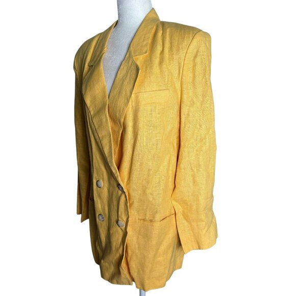 Vintage 90s Double Breasted Blazer Jacket Size 12 Yellow Linen Shoulder Pads - Picture 3 of 6